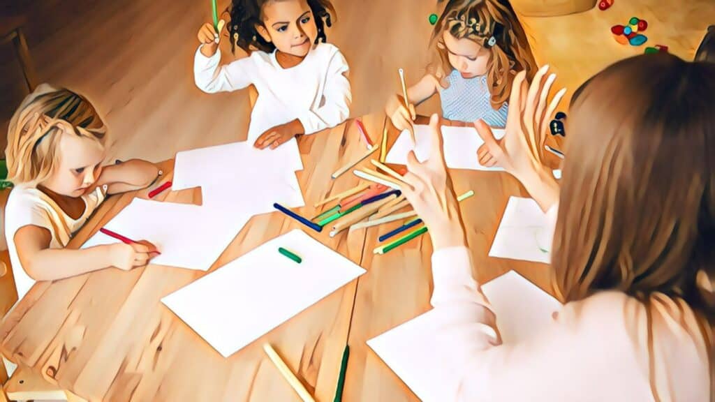 Woman teaching 3 young girls kids children math counting table teacher