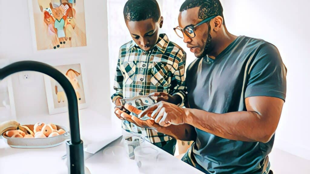 7 Financial Parenting Ways black dad kid counting coins money teaching finance money