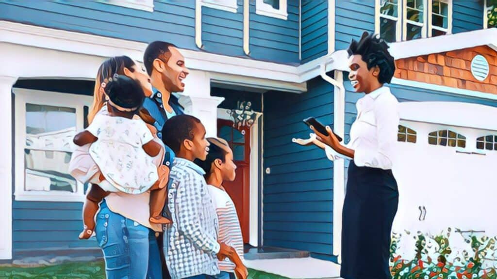 7 Financial Parenting Ways cash flow family black kids lawn outdoors front yard smiling happy home house blue siding