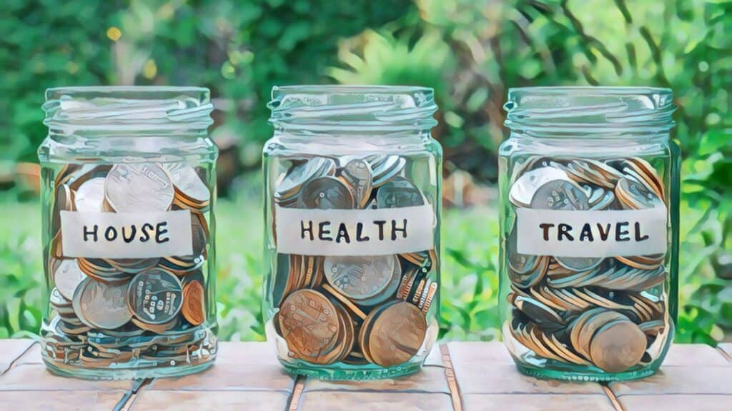 7 Financial Parenting Ways money jars glass coins outdoors plants trees green sunshine tile countertop travel house health