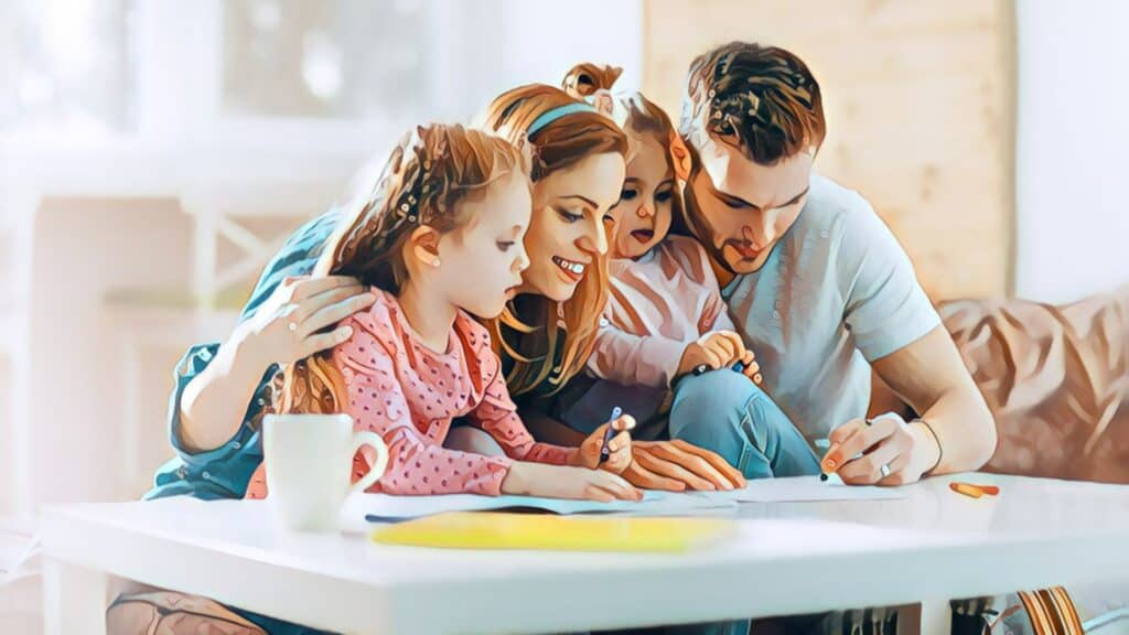 7 Financial Parenting Ways starting early family teaching 2 kids daughters smiling learning crayons drawing