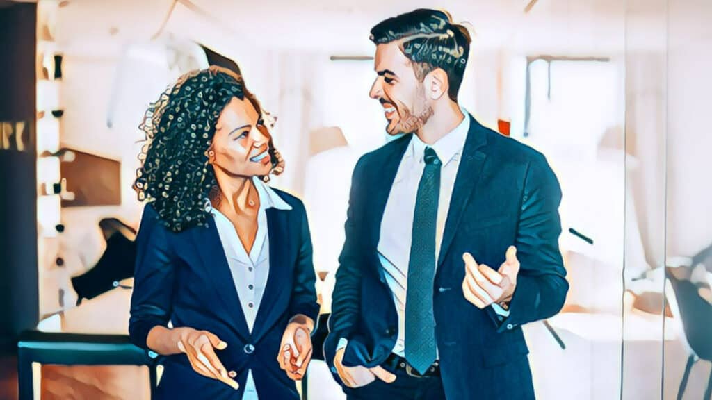 business man and woman smiling