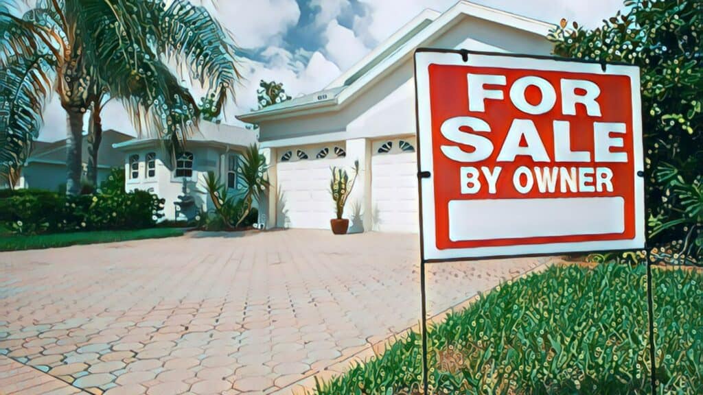 11 Ways To Buy Your First Rental Property FSBO for sale by owner sign front yard home house lawn palm trees brick driveway white home