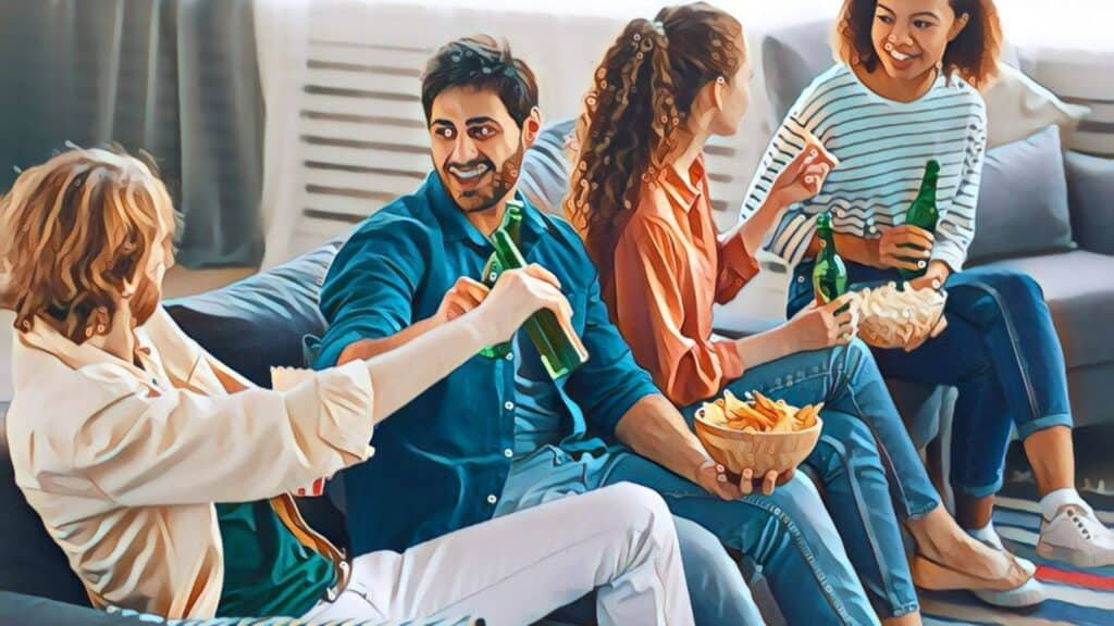 11 Ways To Buy Your First Rental Property house hacking friends drinking beer eating snacks cheers toasting smiling laughing couch house home roommates