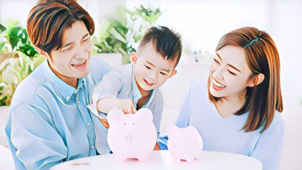 7 Financial Parenting Ways Asian Family child teaching money counting piggy bank pink smiling laughing laughter husband wife couple marriage married