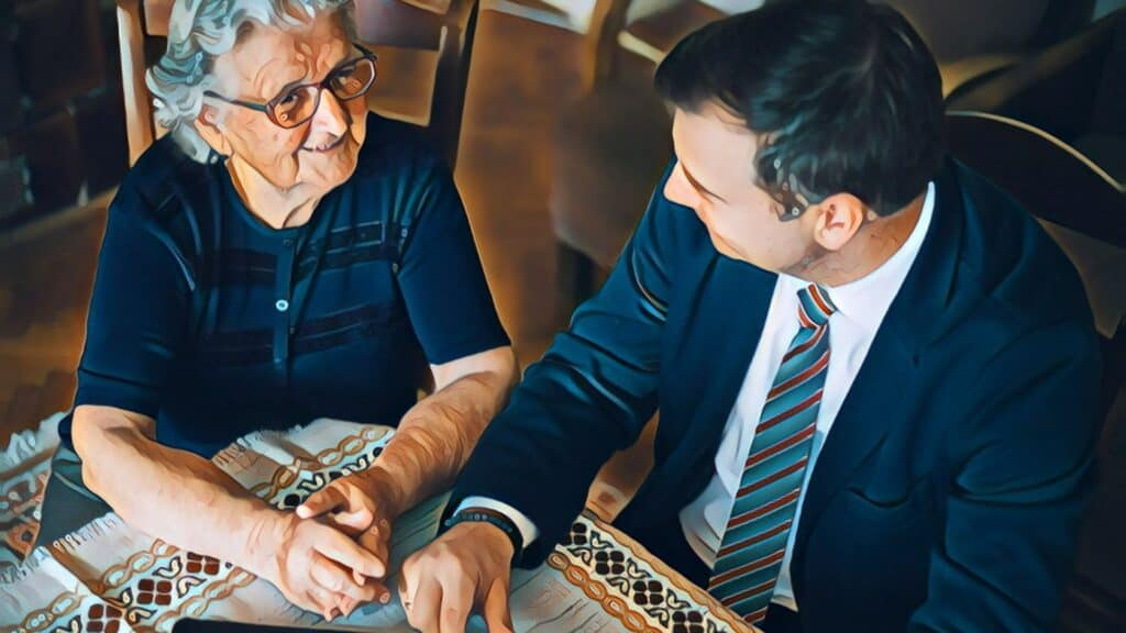 Closing Attorney vs Title Company consultation man elderly woman smiling meeting seated sitting table