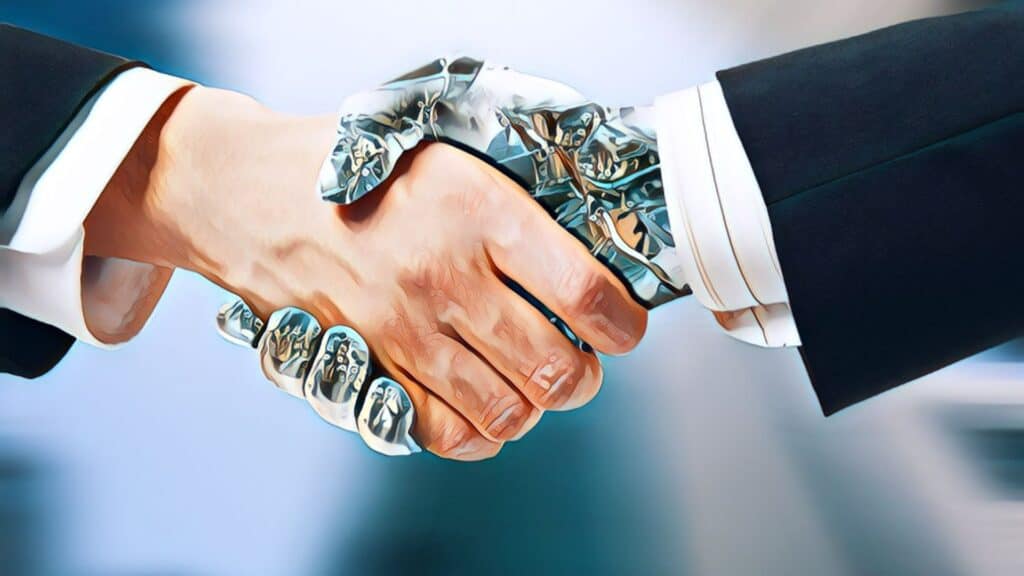 Unlock REI Potential with AI - Human Robot Handshake business suit