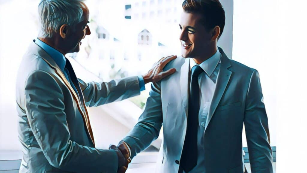 Unlock REI Potential with AI - business men suits handshake ties office building