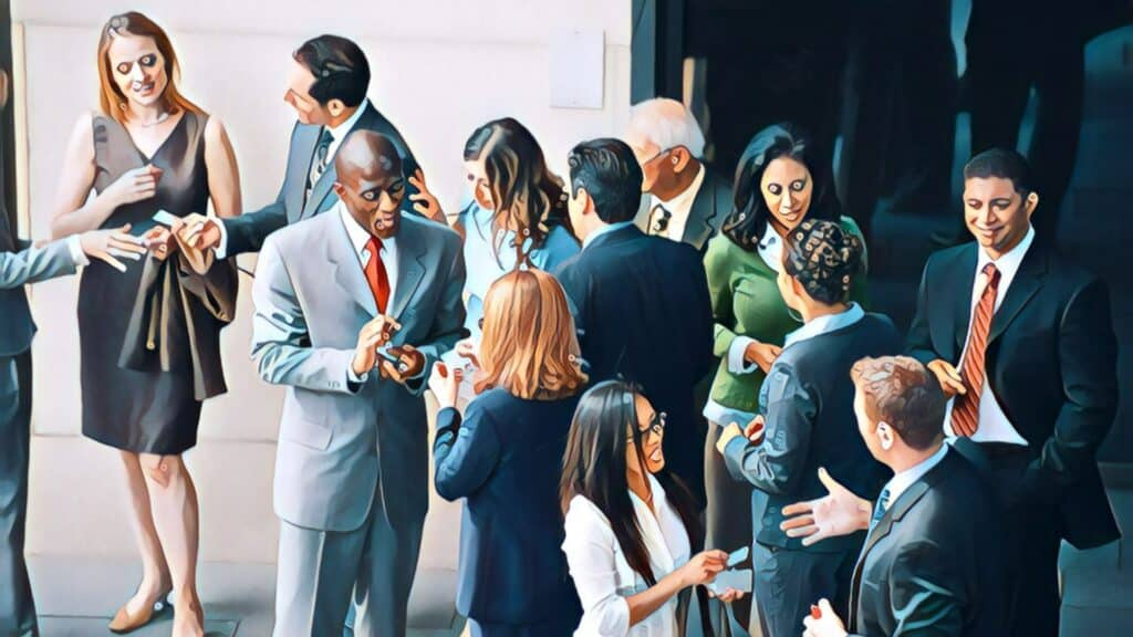 business people networking on street outside, multi-racial, business suits, men, women talking, laughing, smiling, showing mobile devices, shaking hands, sunshine, daylight