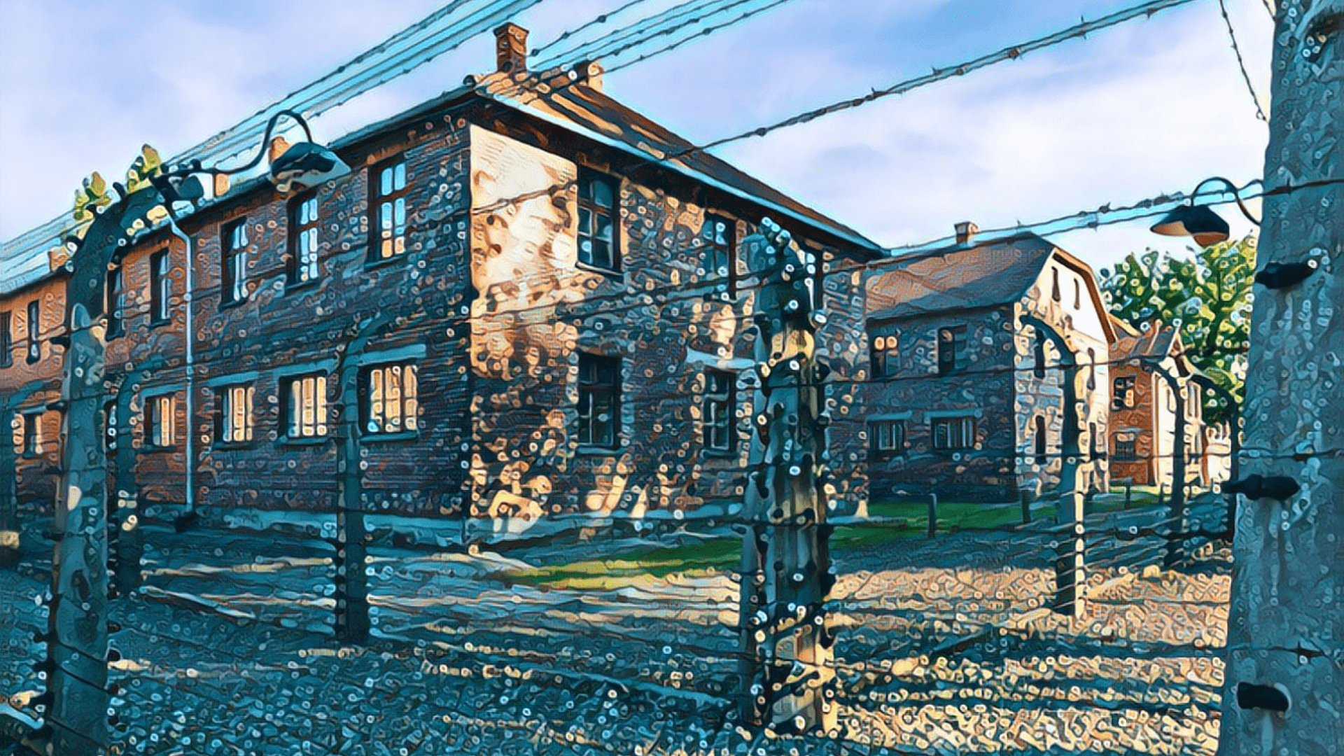 The Grave Dancer's Final Tango: Life of Real Estate Titan Sam Zell - brick concentration camp buildings in background, barbed wire fence in front, Poland, Auschwitz-Birkenau