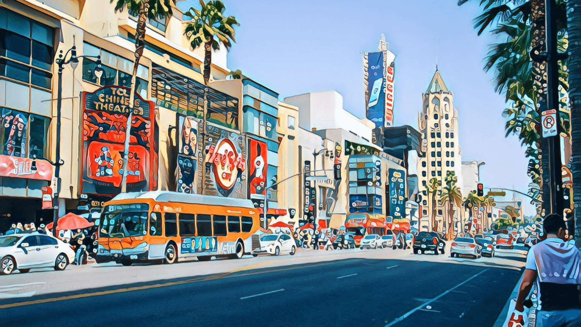 Ultimate Guide to California Real Estate Investing - on the Hollywood strip street side walk, crowded city street, people walking everywhere, bus, cars, trucks, street lights, palm trees, tall retails shops and buildings