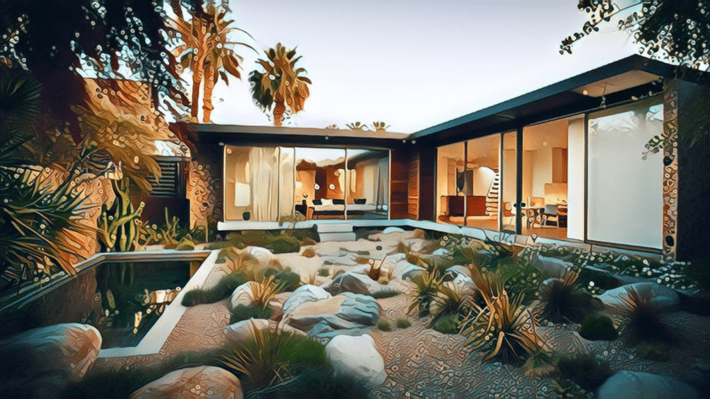 Ultimate Guide to California Real Estate Investing - luxry one story California home, desert landscaping, pond, rocks, desert plants, large glass doors, palm trees in background