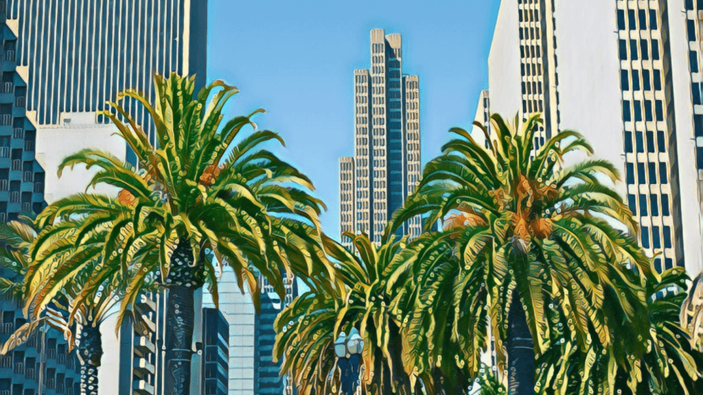 Ultimate Guide to California Real Estate Investing - San Francisco commercial buildings, outdoors, large palm trees in from of buildings, blue skies, sunny, day time