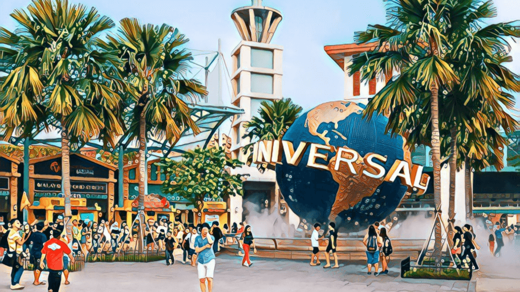 Ultimate Guide to California Real Estate Investing - Universal Studios, Universal Globe sign, many people walking around, outdoors setting, amusement park, palm trees, shops, tourists, tourism, day time, sunny day