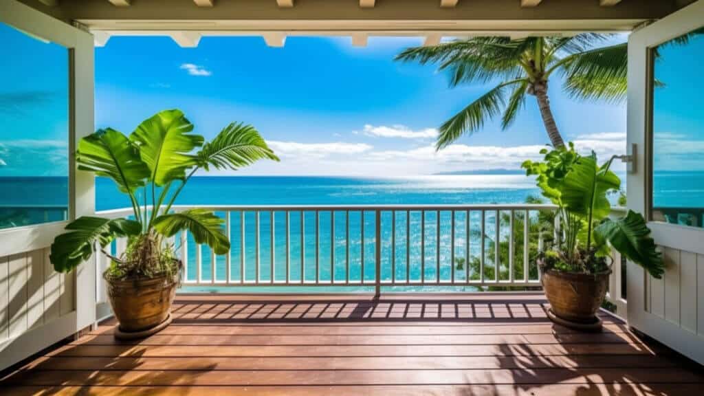 AirBNB vs. AirBNB Rental Arbitrage (Comparison In Short Term Rental Liability & Profitability) - oceanfront deck surrounded by plants and palm trees, blue sky, beautiful blue ocean