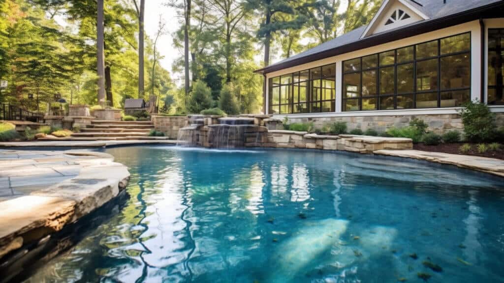 AirBNB vs. AirBNB Arbitrage (Comparison In Short Term Rental Liability & Revenue), backyard in-ground pool, blue water, glass enclosed patio, large home, woods, trees, waterfall, stone walkway