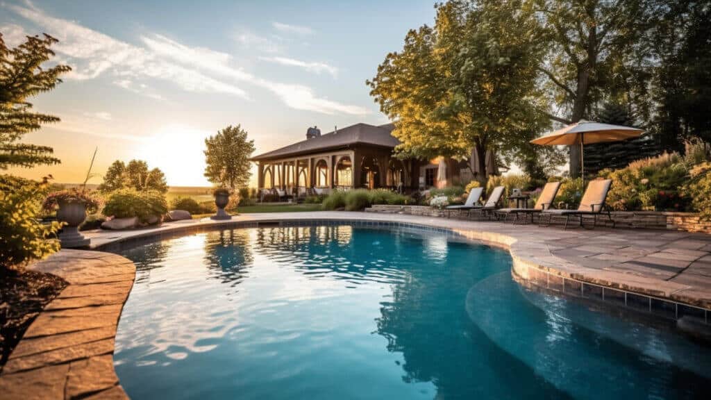 AirBNB vs. AirBNB Arbitrage (Comparison In Short Term Rental Liability & Revenue), large backyard in-ground pool, concrete stone surround, dusk, green trees, blue water, cabana, lounge chairs
