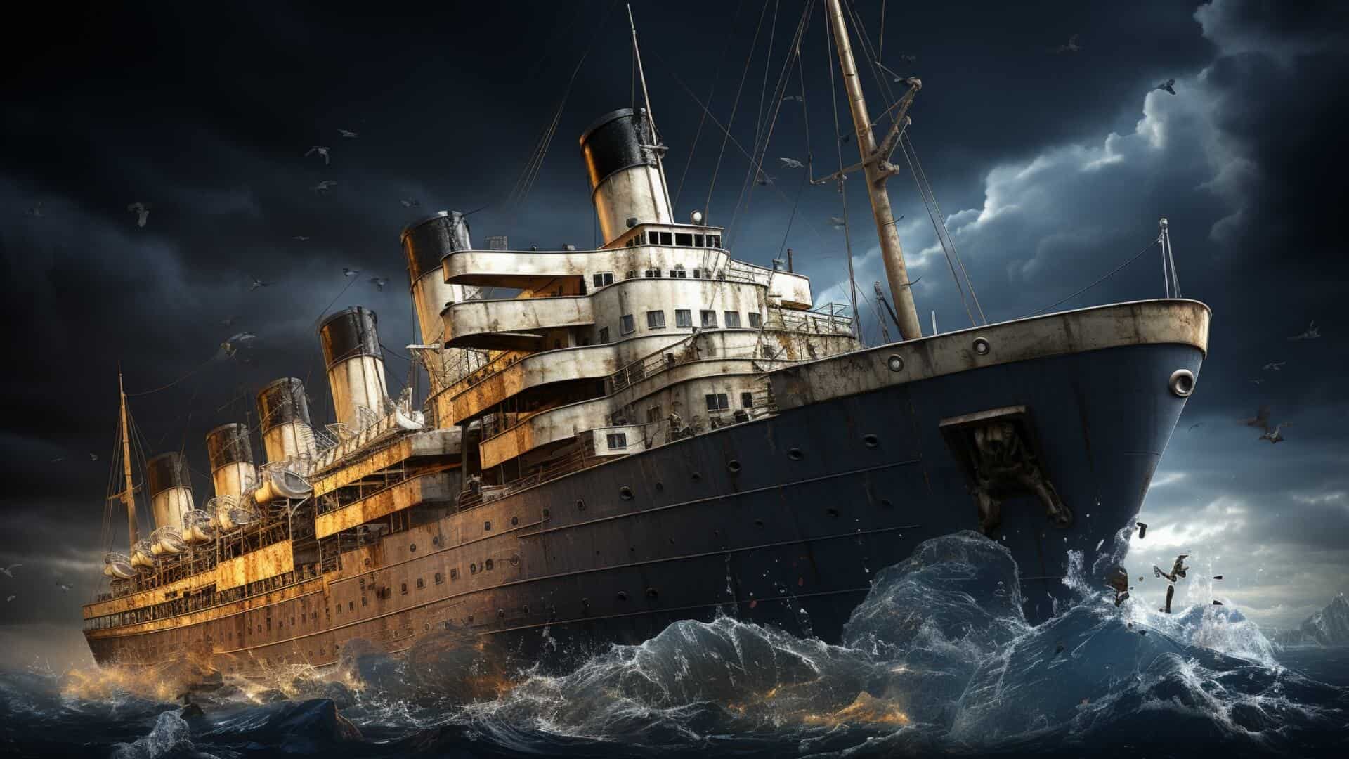 OceanGate Titan Submersible Incident as a Metaphor for Real Estate Investing (Risk, Reward, and Adventure) image of Titanic ship at sea in rough, stormy waters, many birds in the sky, at night