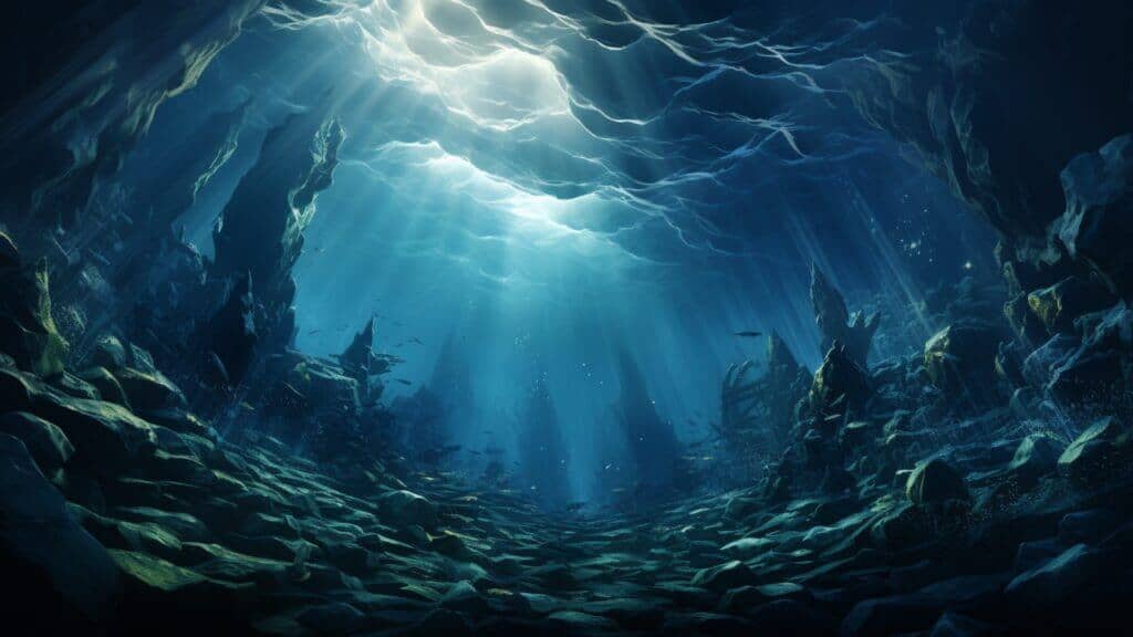 OceanGate Titan Submersible Incident as a Metaphor for Real Estate Investing (Risk, Reward, and Adventure) underwater ocean, rocky landscape, tall underwater rocky pillars