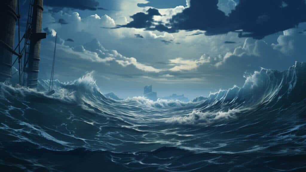 OceanGate Titan Submersible Incident as a Metaphor for Real Estate Investing (Risk, Reward, and Adventure) photo of rough seas, cloudy skies, city is distance