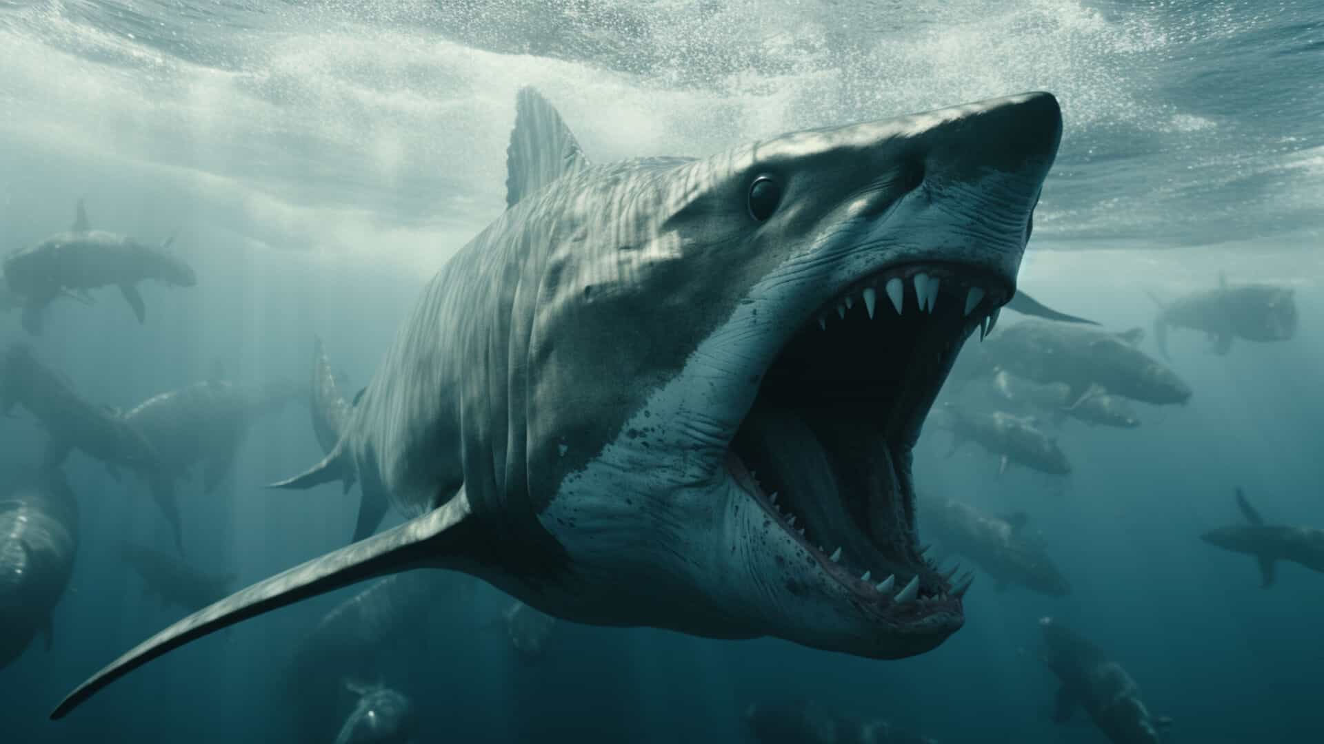 OceanGate Titan Submersible Incident as a Metaphor for Real Estate Investing (Risk, Reward, and Adventure) underwater closeup of shark with mouth wide open, many sharks in background