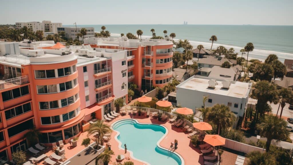 How to Invest In Florida Beachfront Property - peach colored multifamily apartment build on the beach, large inground pool surrounded by lounge chairs and palm trees