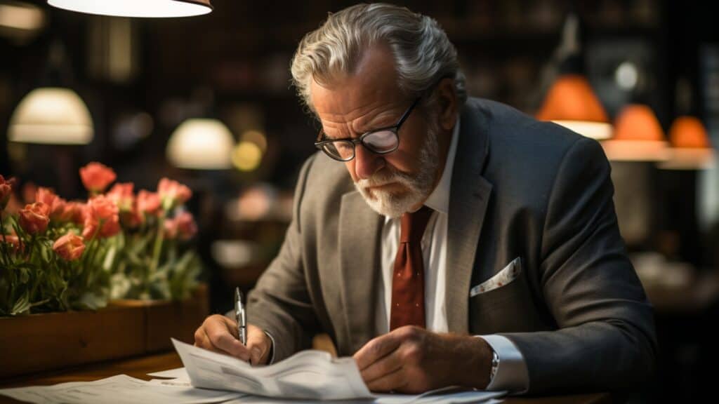 How to Invest In Florida Beachfront Property - middle-aged white man with silver hair and beard, accounting, accountant, sitting at desk looking over paperwork, pen in hand, wearing glasses, concentrating