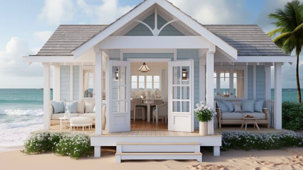 How to Invest In Florida Beachfront Property - tiny home, cabana on the beach, baby blue and white trim, short bushes surround home, ocean in background