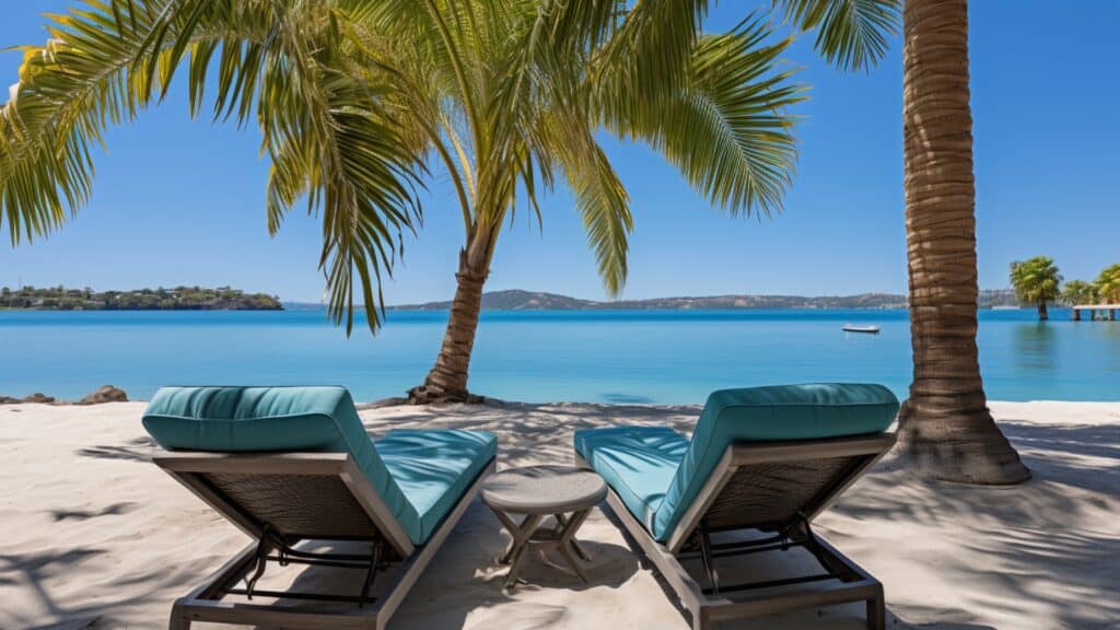 How to Invest In Florida Beachfront Property - two lounge chairs outside on beach underneath sunny sky and tall palm tree overlooking the ocean