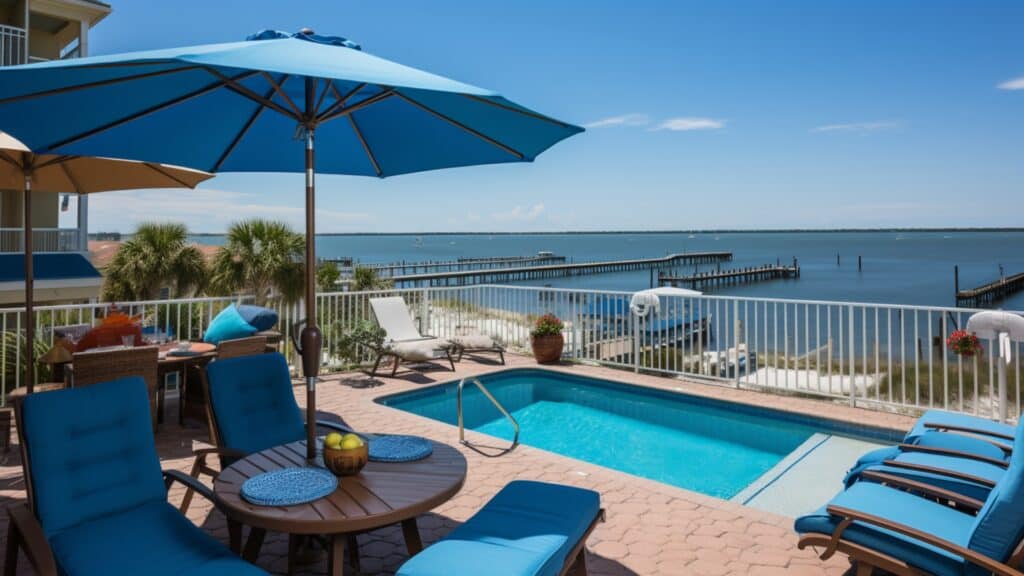 How to Invest In Florida Beachfront Property - lounge area, apartment, inground pool, lounge chairs, boat dock in the distance