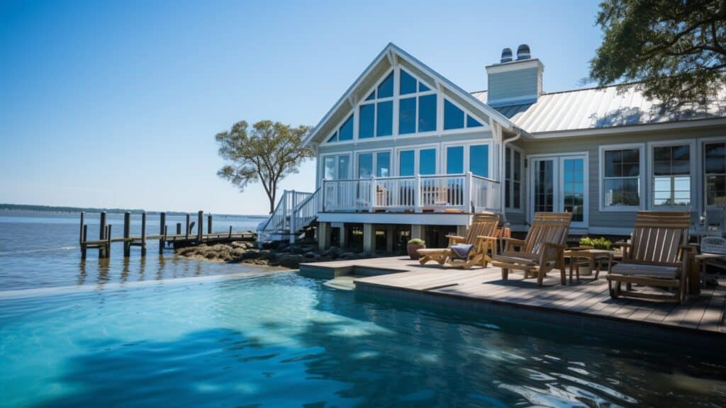 How to Invest In Florida Beachfront Property - back of beachfront home, boat dock, lounge chairs, ocean view, infinity pool