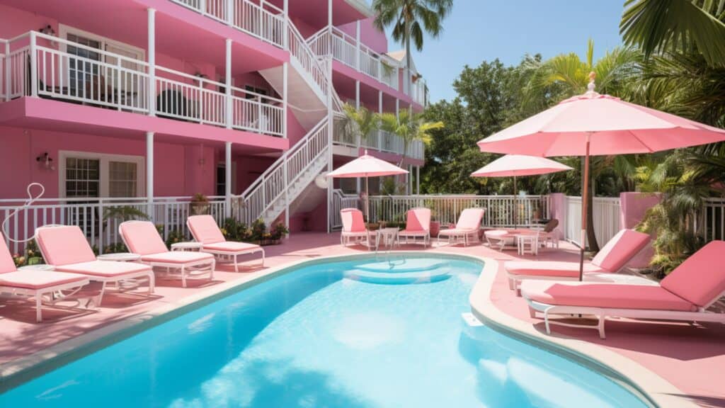 How to Invest In Florida Beachfront Property - pink multifamily apartment building, multiple floors, inground pool, lounge chairs surround pool