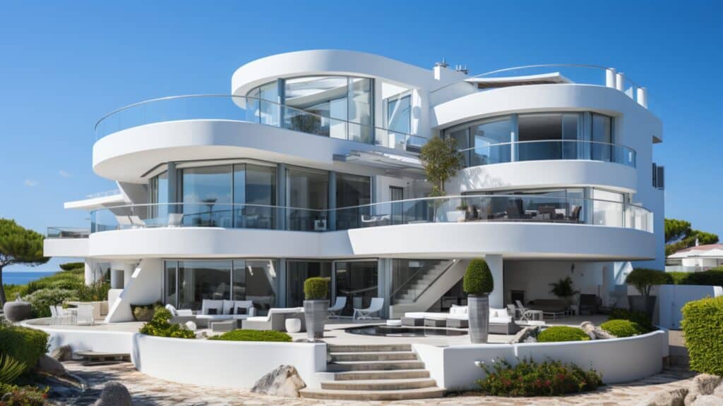 The Ultimate Guide to Florida Real Estate Investing - ultra-modern Florida mansion, white stone, curvy construction, multi-leveled