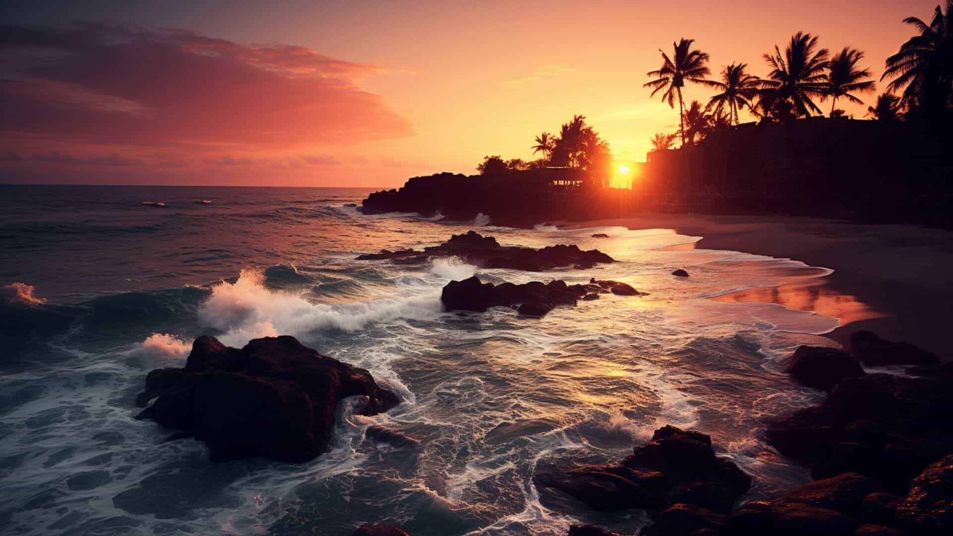 Why California is a Great State for Real Estate Investing - beach at sundown, rocky, palm trees on distant cliff top, sunset