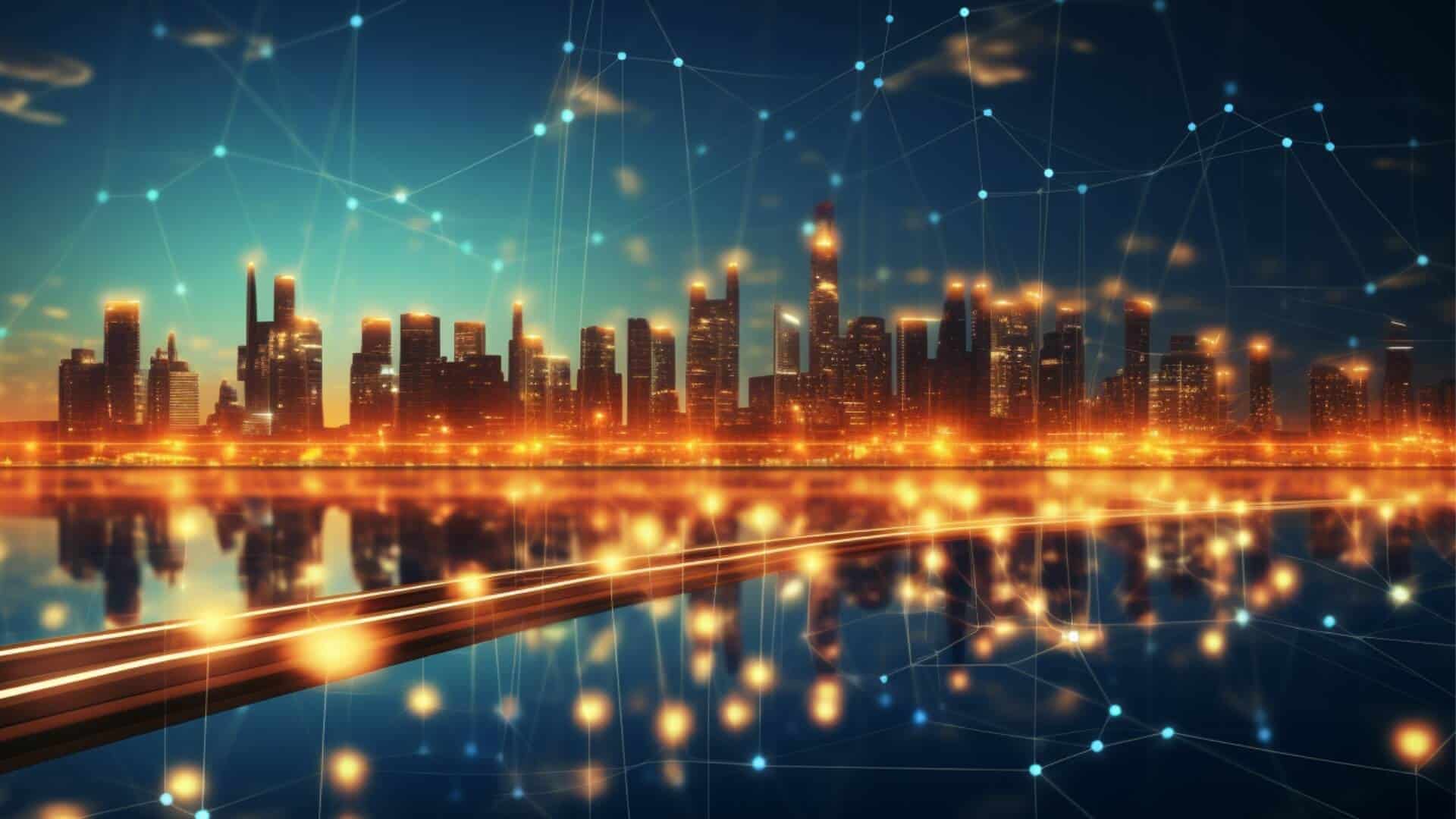 Why California is a Great State for Real Estate Investing - conceptual artist rendering of a city skyline mixed with data analytics, orbs of light, light beams