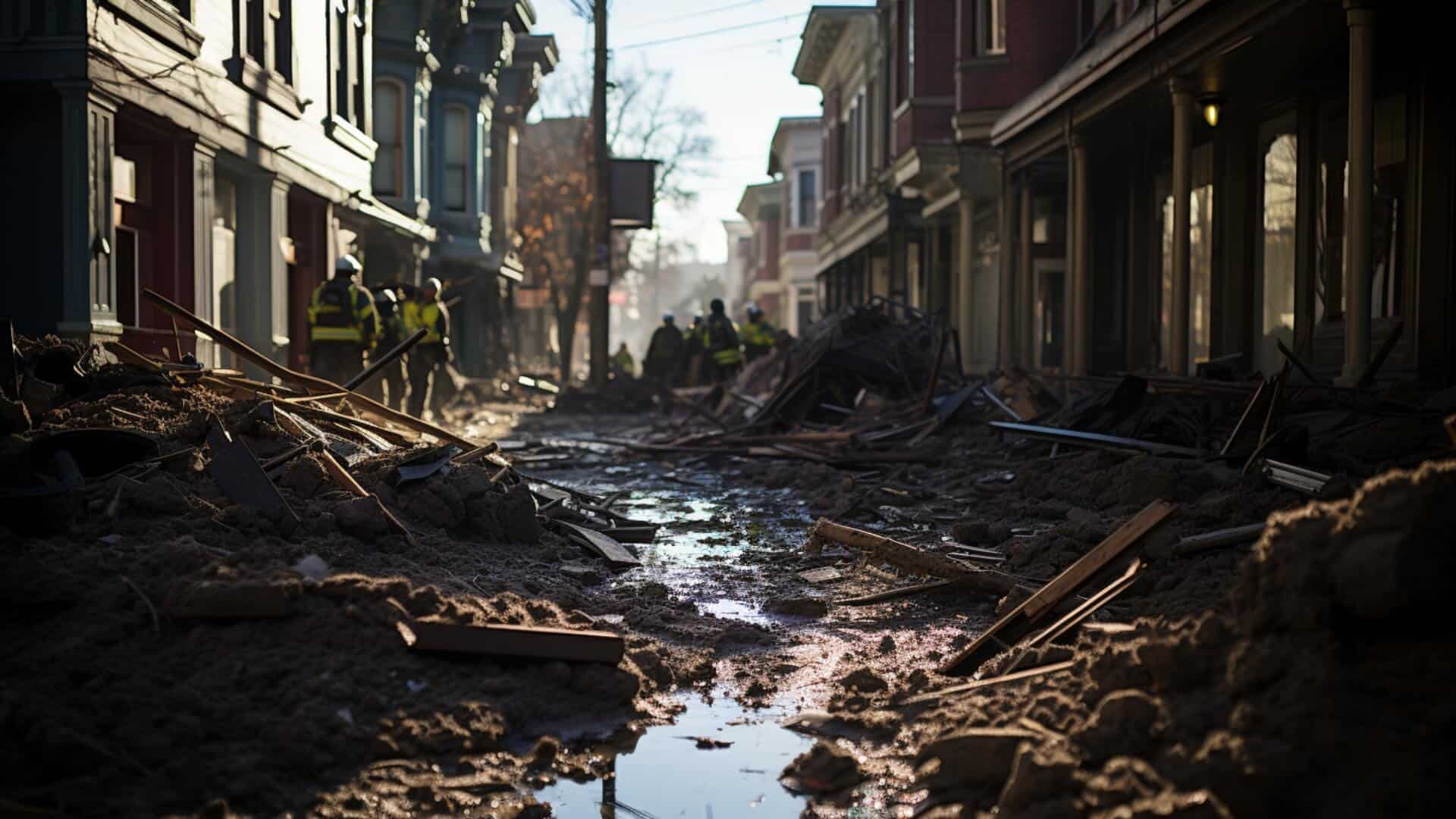 Why California is a Great State for Real Estate Investing - earthquake aftermath, firefighters in background, wet streets, soil, dirt, desctruction