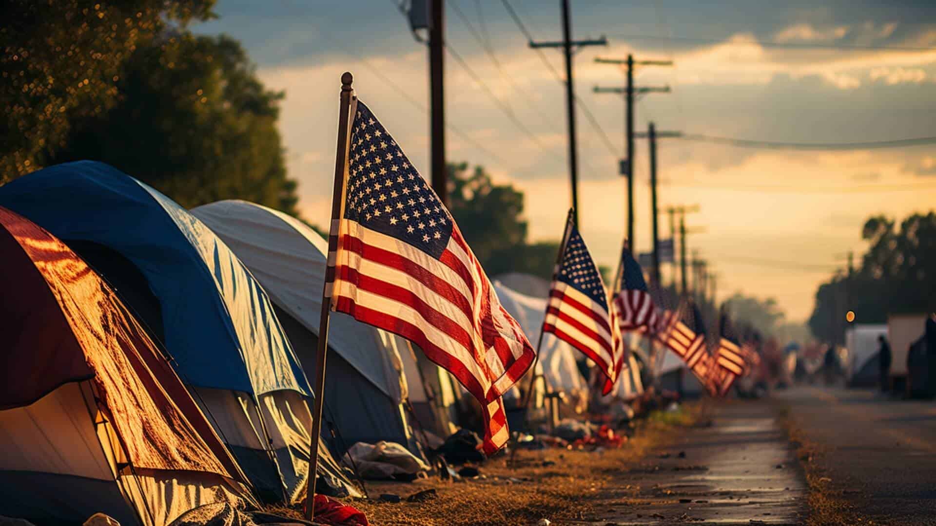 Why California is a Great State for Real Estate Investing - homeless encampment tent city, American flags in ground along street sidewalk