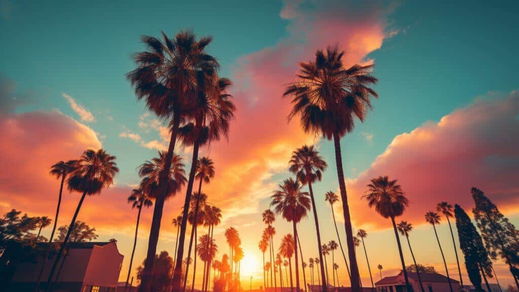 Why California is a Great State for Real Estate Investing - California palm trees align the sides of street at dusk, sundown, pink clouds, powder-blue sky