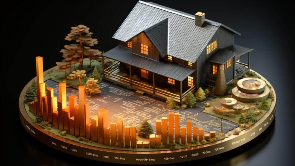 Why California is a Great State for Real Estate Investing - artist rendering, house on digital coin, surrounded by small trees, bar graph in front of home