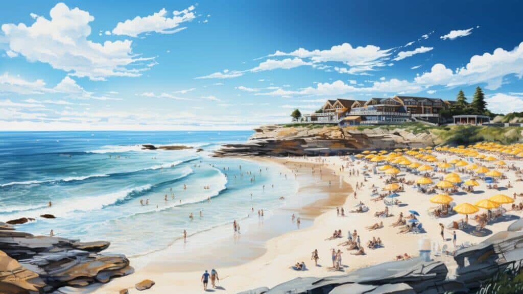 Why California is a Great State for Real Estate Investing - California resort beach, hundreds of people, yellow beach umbrellas, beach chairs