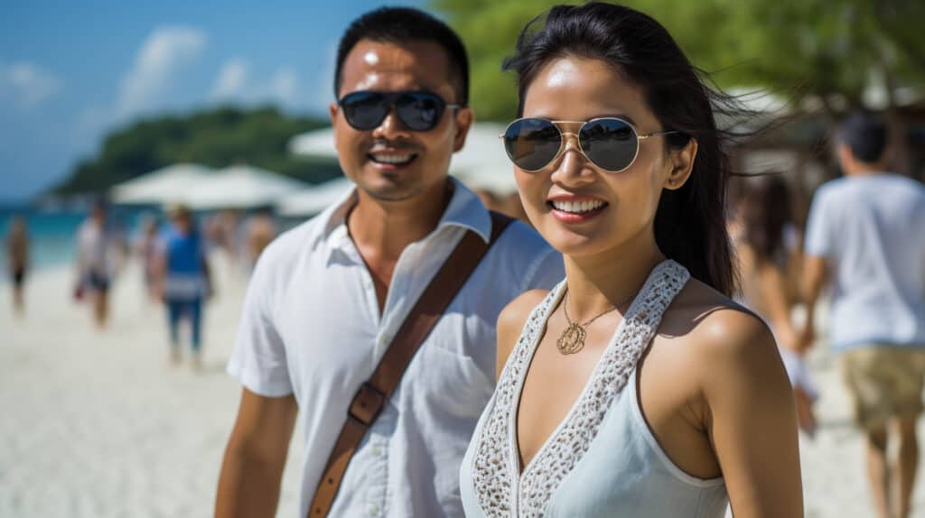 How to Invest in Tropical Real Estate - Asian couple, man and woman wearing sunglasses, walking on beach, smiling
