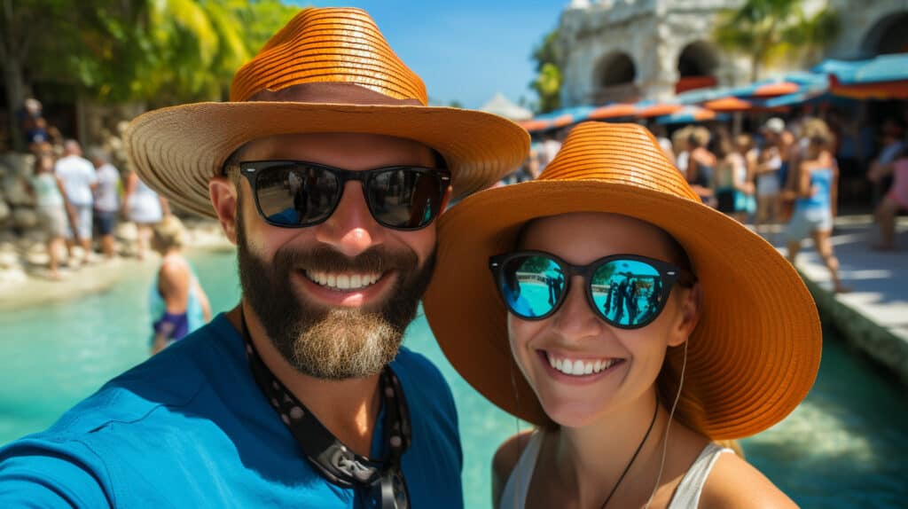 How to Invest in Tropical Real Estate - smiling couple wearing hats out side, sunny day, wearing sunglasses, smiling, bearded man