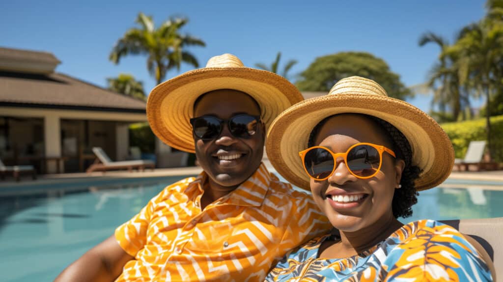 How to Invest in Tropical Real Estate - smiling black couple wearing sunglasses at resort by pool outside