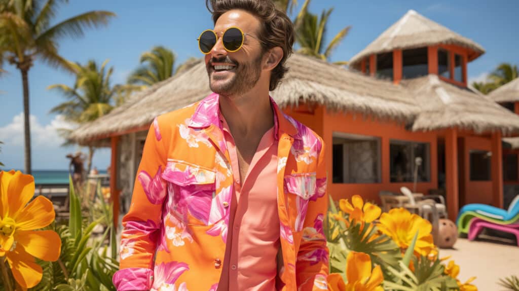 How to Invest in Tropical Real Estate - young man wearing sunglasses outside, wearing pink and orange floral jacket, smiling, island hut in background, palm trees and ocean in background