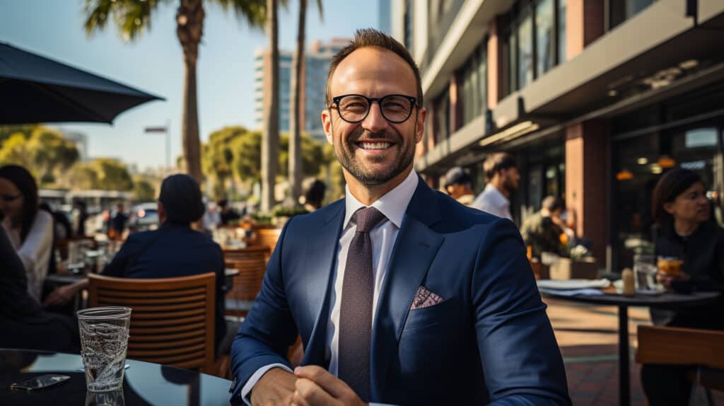 How to Invest in Tropical Real Estate - business man, private lender sitting at outside brunch sidewalk table smiling, wearing glasses, wearing blue business suit