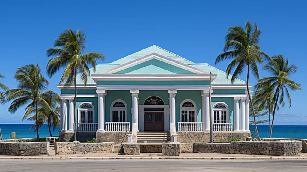 How to Invest in Tropical Real Estate - turquoise tropical island bank building, surrounded by palm trees
