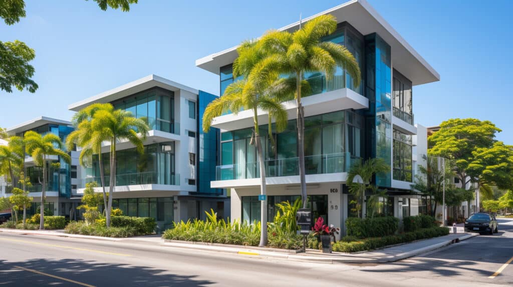 How to Invest in Tropical Real Estate - 3 story commercial real estate building on corner block, surrounded by palm trees