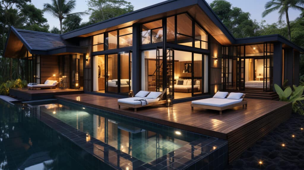 How to Invest in Tropical Real Estate - large, sleek, modern home, large picture windows, backyard area, inground pool, beautiful home and styling, white and wooden lounge chairs at pool, dusk, interior lights on inside home