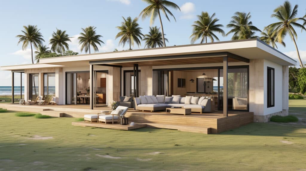 How to Invest in Tropical Real Estate - sleek tiny home, modern, white, open-air construction, surrounded by palm trees, close to beach