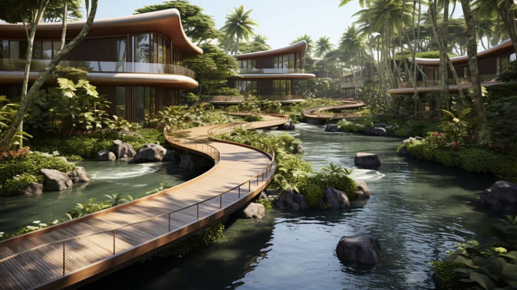 How to Invest in Tropical Real Estate - swamp homes surrounded by palm trees and lush green plants, bridge through stream walkway